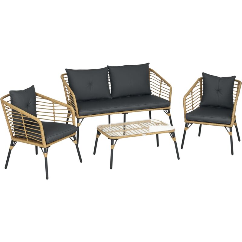 4 tlg. Gartenmöbel-Set, Rattan Sitzgarnitur mit Kissen, Sitzgruppe mit 3 Sesseln, 1 Couchtisch, Balkonmöbel im Boho-Stil für 4 Personen,