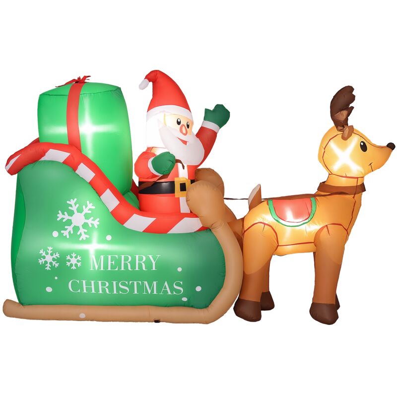 Outsunny - Aufblasbar Weihnachtsdeko, 2,1 m Weihnachtsmann mit Schlitten & Rentier, LED-Beleuchtung, Selbstaufblasende Weihnachtsbeleuchtung für