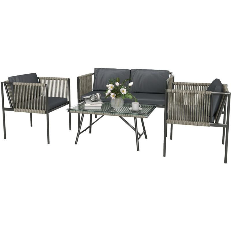 Gartenmöbel Set aus Polyrattan Lounge-Set mit 2er Sofa Sessel Glastisch Kissen wetterfest Balkonmöbel für 4 Personen Outdoor Sitzgruppe