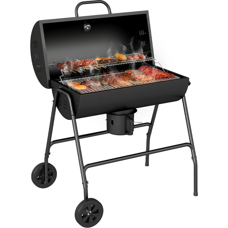 Outsunny Holzkohlegrill aus Metall BBQ Smoker mit Deckel Thermometer Räder verstellbarer Kohlewanne Griff, fahrbar Grillwagen Holzkohle Grill,