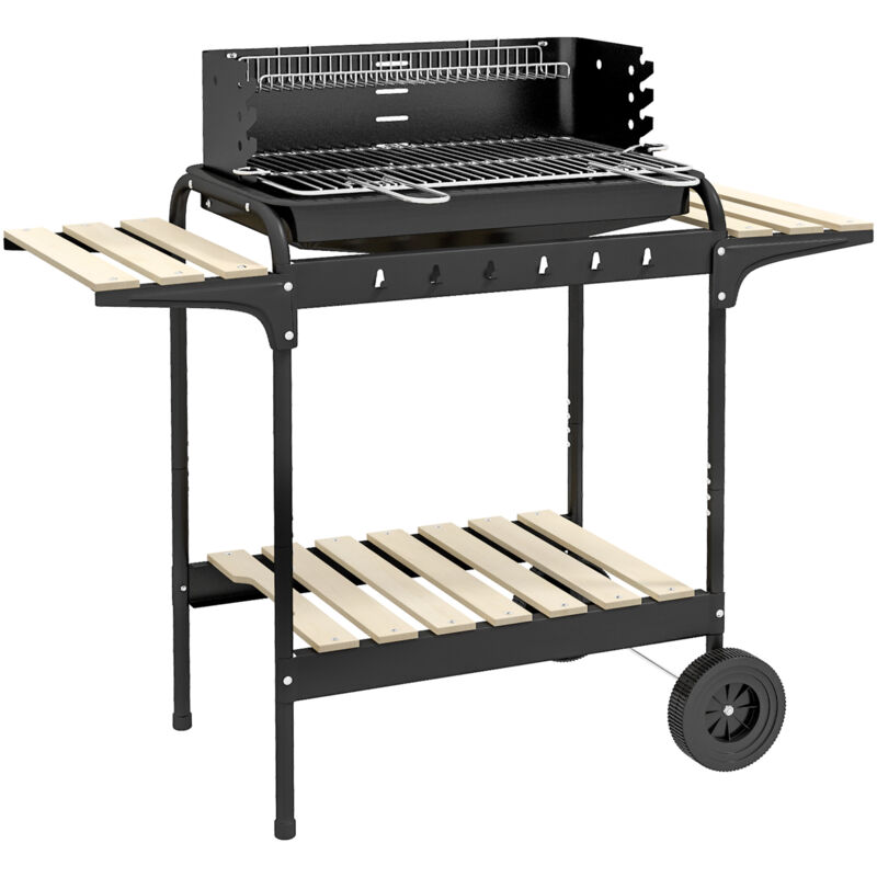 Outsunny Holzkohlegrill aus Metall BBQ Smoker mit Räder, höheverstellbar Grillrost, Holzablage, fahrbar Grillwagen Holzkohle Grill, Kohlegrill für