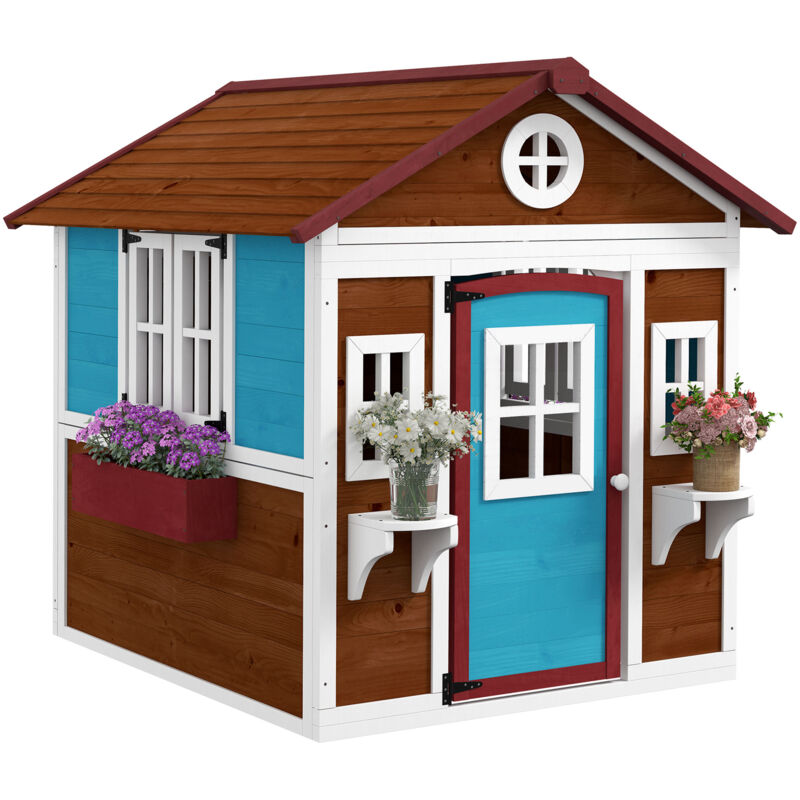 Outsunny Kinderspielhaus aus Holz Spielhaus Outdoor mit Fenster, Blumenregal, Pflanzenkasten und Tür Gartenhaus für Kinder 3-8 Jahre Dunkelbraun