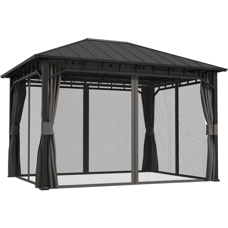 Outsunny Pavillon 4x3 m Wasserdicht Stabil Winterfest Gartenpavillon mit Seitenteile, Wasserrinnen, Moskitonetz, Haken Garten-Pavillon aus verzinktem