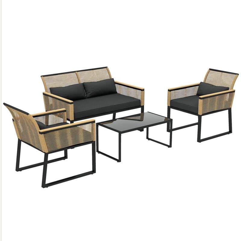 Polyrattan Gartenmöbel Set 4 Personen, wetterfest Balkonmöbel-Set mit 2er Sofa, 2 Stühle Glastisch Sitzkissen, Outdoor Sitzgruppe, Terrassenmöbel