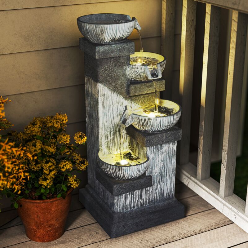 Outsunny Springbrunnen Outdoor aus Kunstharz vierstöckig Gartenbrunnen mit LED Beleuchtung Pumpe Steinoptik Dekorationsbecken Zimmerbrunnen