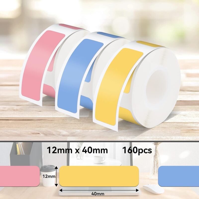 P15-Etiketten, 3 Rollen 12 mm x 40 mm Thermoklebeetiketten, kompatibel mit P15-Etikettendrucker, Rosa+Gelb+Blau, 160 Etiketten/Rolle