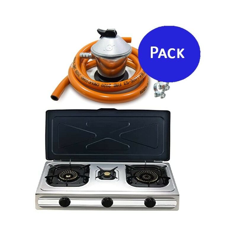 Pack Edelstahl-Gaskocher für Butan- oder Propangas, piezoelektrische Zündung, 2 Brenner mit dreifacher Krone und 1 kleiner Brenn