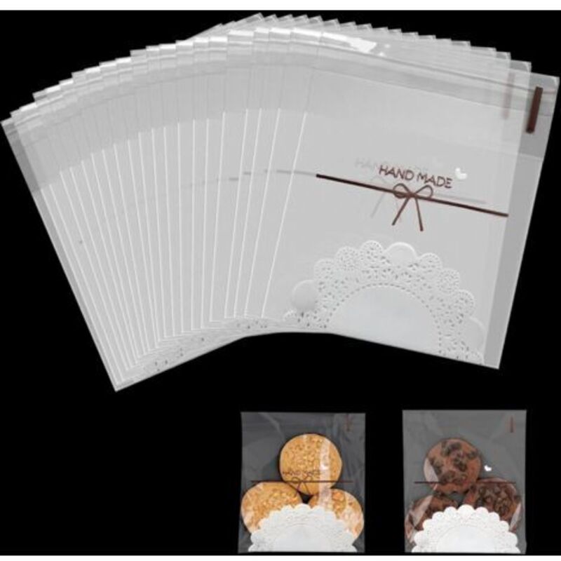 Packung mit 100 kleinen, handgefertigten Zellophantüten, wiederverschließbar, transparent, selbstklebend, für Kekse, Süßigkeiten, Schmuck, Geschenke
