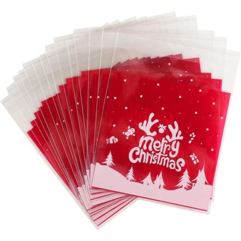 Packung mit 100 selbstklebenden, transparenten Plastiktüten für Süßigkeiten, Kekse und Weihnachtsfeiern (10 x 10 + 3 cm)