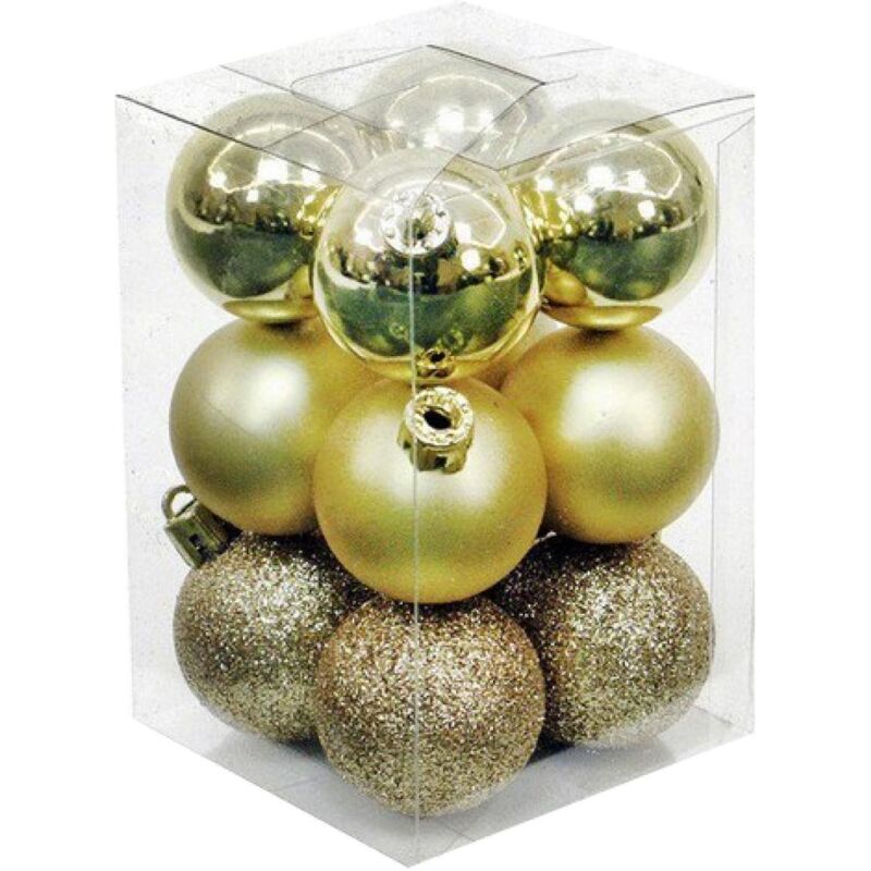 GSC - Packung mit 12 Weihnachtskugeln Ø6cm (4 glänzend, 4 matt und 4 glitzernd) aus goldfarbenem Kunststoff