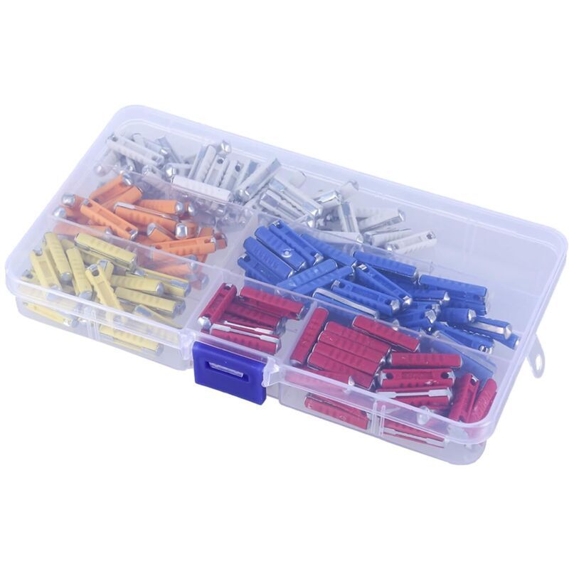 Packung mit 200 Kfz-Sicherungen in Torpedoform, 5 A, 8 A, 10 A, 16 A, 25 A. Robuste Kfz-Sicherungen zum Schutz der Fahrzeugstromkreise.