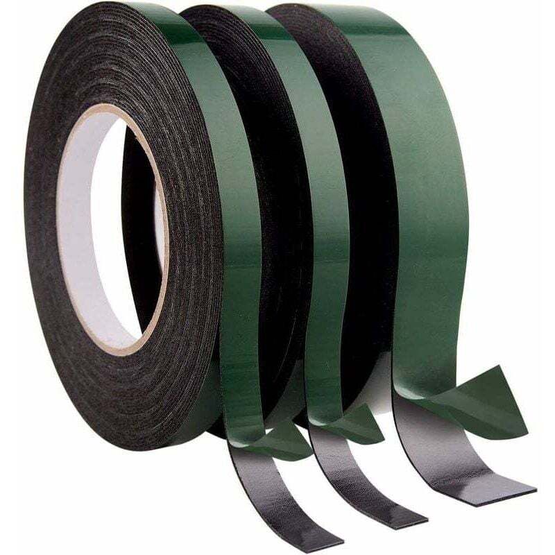 Packung mit 3 Rollen ultra-widerstandsfähigem und wasserfestem doppelseitigem Klebeband für Autozierleisten und Kennzeichen, 10 m pro Rolle.