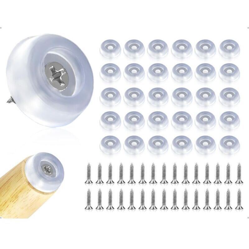 Packung mit 30 runden, transparenten Silikonpads zum Aufschrauben mit rutschfester Unterseite für Sofas, Schreibtische, Regale, Küchengeräte und