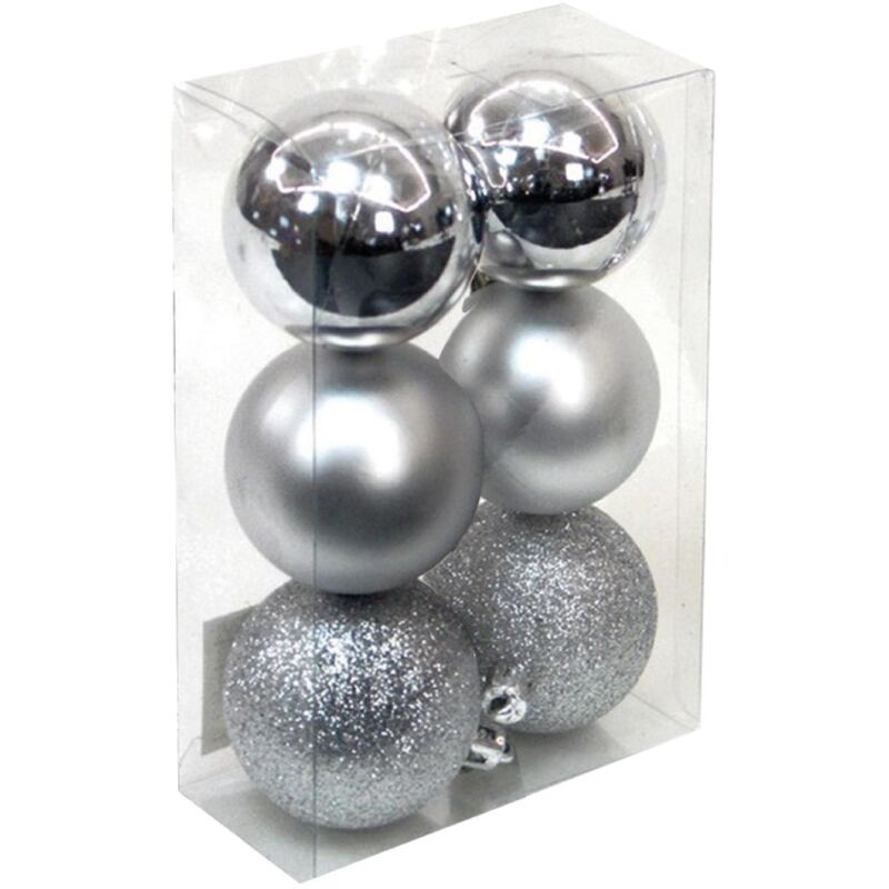 GSC - Packung mit 6 Weihnachtskugeln Ø8cm (2 glänzend, 2 matt und 2 glitzernd) aus silbernem und goldenem Kunststoff