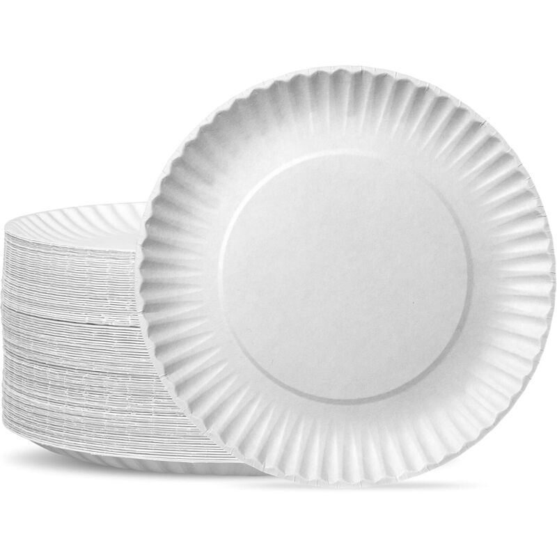 Packung mit fünfhundert Einweg-Papierschalen aus unbeschichtetem, weißem Papier, 23 Zentimeter Durchmesser, für die Gastronomie