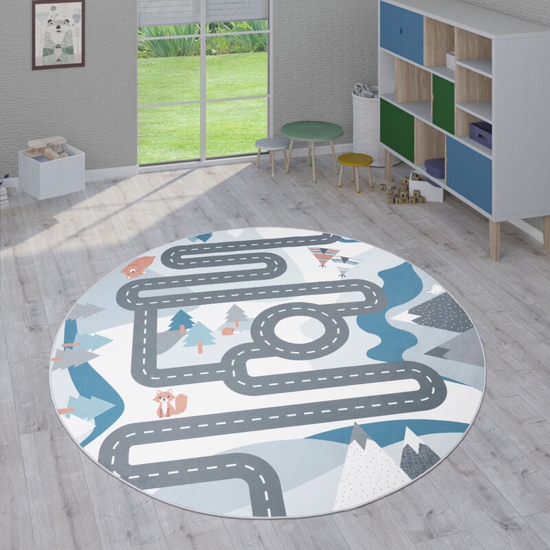 Paco Home - Kinder-Teppiche, Kurzflor-Teppiche für Kinderzimmer mit vers. Designs Spielteppiche Bunt 200 cm Rund, Creme