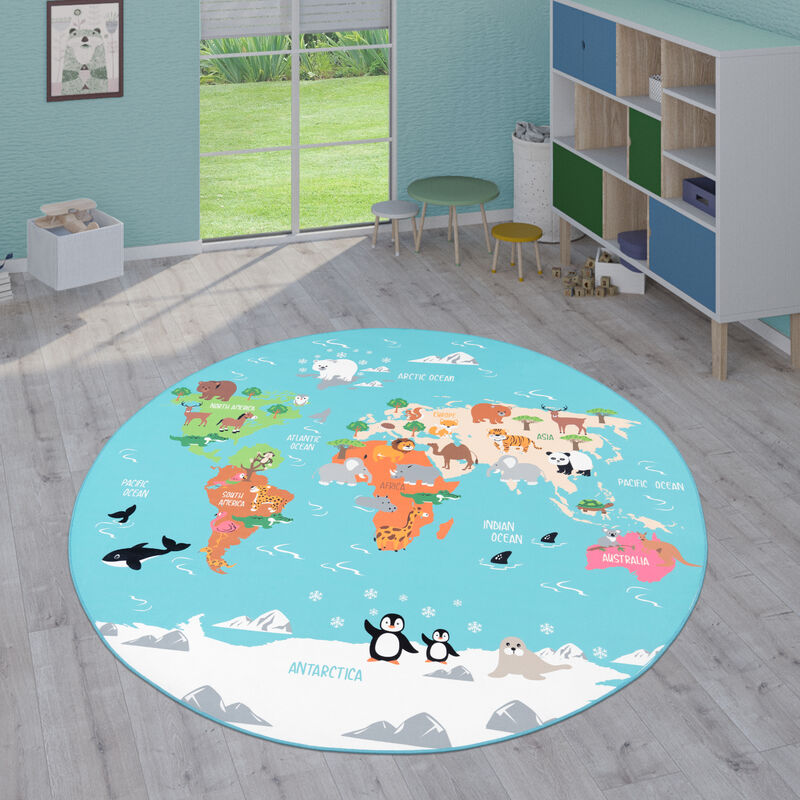 Paco Home - Kinder-Teppiche, Kurzflor-Teppiche für Kinderzimmer mit vers. Designs Spielteppiche Bunt Türkis, 200 cm Rund