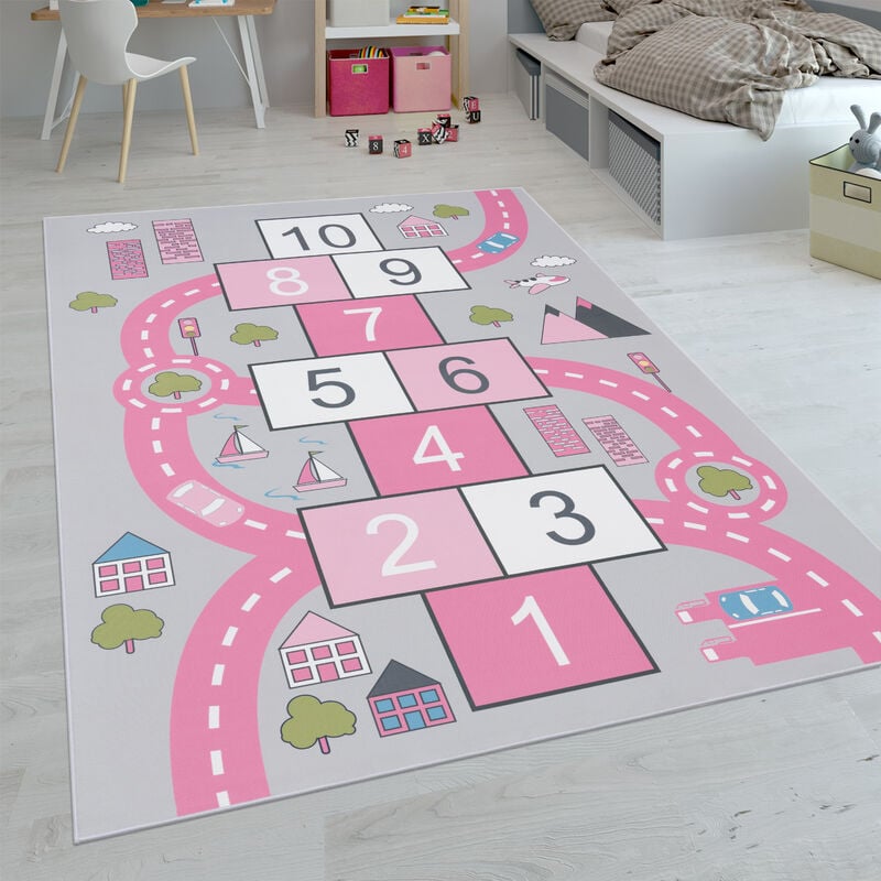 Paco Home Kinder-Teppiche, Kurzflor-Teppiche für Kinderzimmer mit vers. Designs Spielteppiche Bunt 160x220 cm, Pink 2