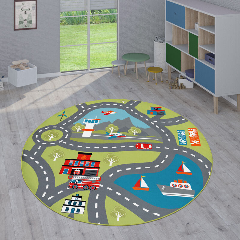 Paco Home Kinder-Teppiche, Kurzflor-Teppiche für Kinderzimmer mit vers. Designs Spielteppiche Bunt 160 cm Rund, Grün 2