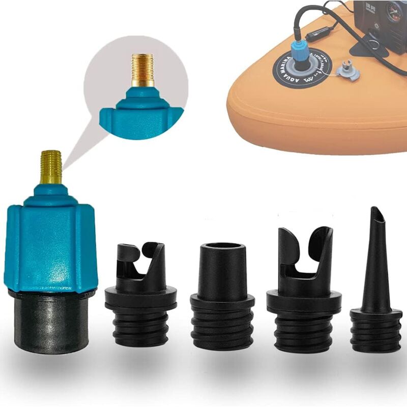 Paddle-Board-Pumpenadapter, Kajak-Pumpenadapter mit 4 Luftventildüsen für Kajak/aufblasbares Bett/Stand-Up-Paddle-Board/Boot, Luftventil-Konverter