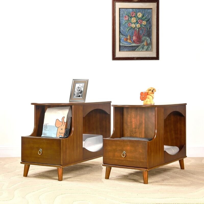 Padma House 2 er Set Katzenhaus, Katzenklo-Schrank mit Schublade und Ablagefach, verstecktes Katzenklo-Möbelstück mit Ablagefach und