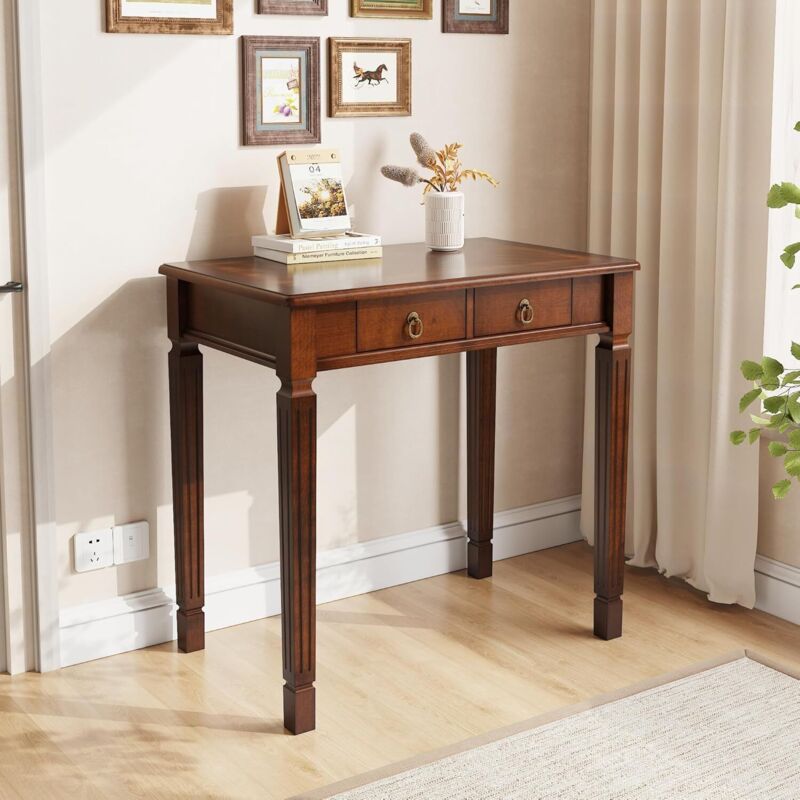 Padma House Traditioneller Massivholz-Schreibtisch, Kleiner Sekretär mit 2 Schubladen, Mahagoni-Schreibtische Kirschholz-schreibtisch für