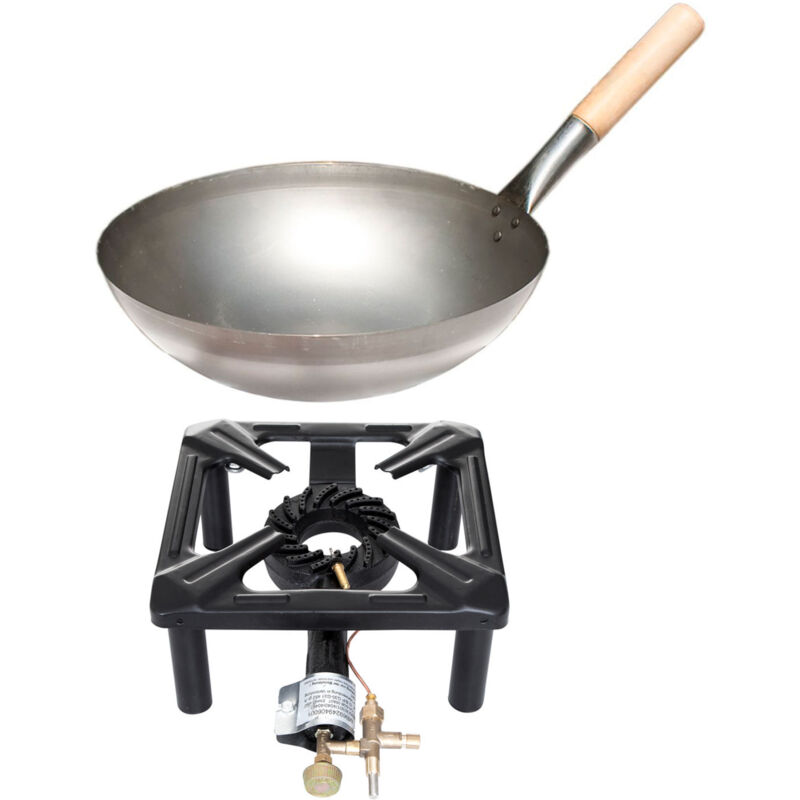 Hockerkocher-Set klein 30x30x14 cm mit Stahl-Wok ø 30 cm und Zündsicherung Gaskocher - Paella World
