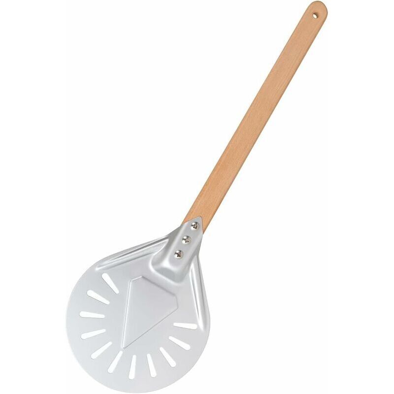 Pala per pizza rotonda da 7 pollici, pala per pizza perforata con manico lungo in legno rimovibile, realizzata in alluminio e Impugnatura antiscivolo