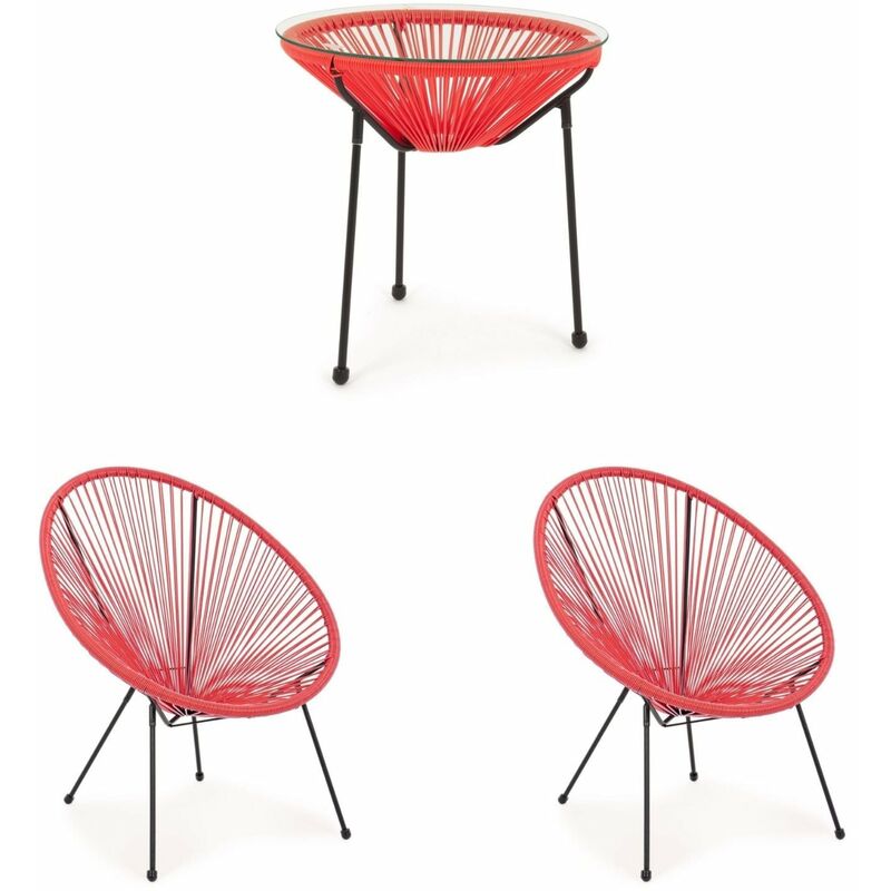 Moderne Lounge Set 'Parker' mit Sesseln und Couchtisch aus synthetischem Seil für Garten und Veranda -Couchtisch + 2 Sessel / Rot