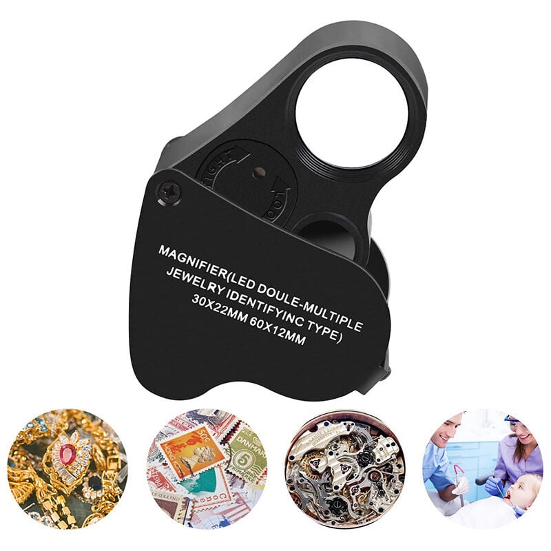 Juwelierlupe, Juwelierlupe, beleuchtet, 30- bis 60-fach, Schmucklupe mit UV-Schwarzlicht und hellem LED-Licht für Diamanten, Edelsteine, Münzen,