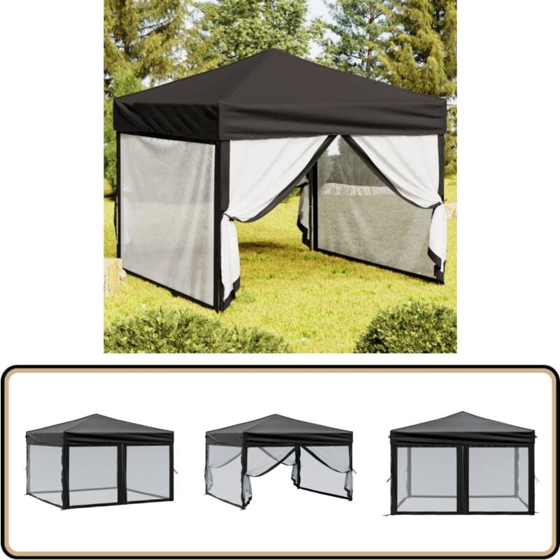 Partyzelt Faltbar mit Seitenwänden Schwarz 3x3 m - Outdoor-Pavillon - Gartenzelt - Sonnenschutz - Partyzelt - Grillpartyzelt