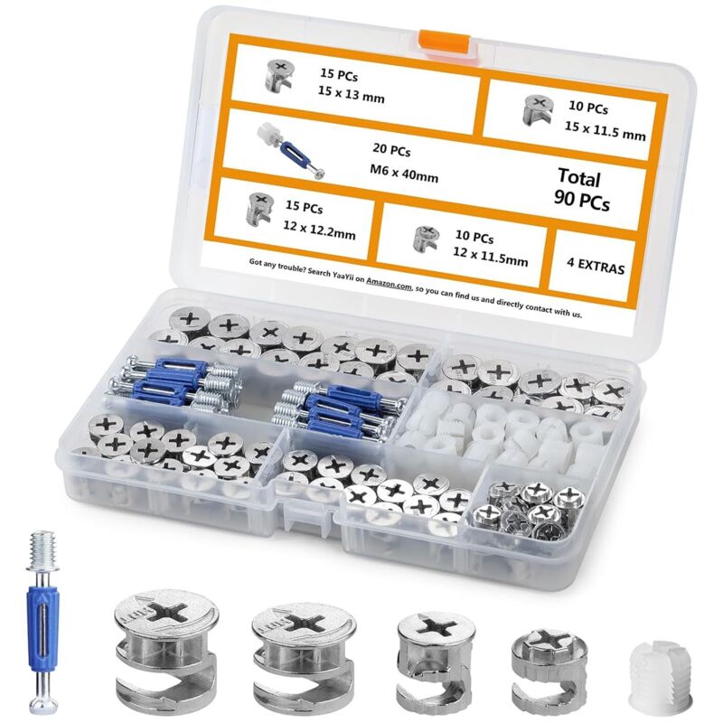 Passend für IKEA – Exzenterrollen mit Nockenschlössern für Möbel, 90 Stück, 3-in-1-Exzenterrollen – Nockenbefestigungen für Möbel