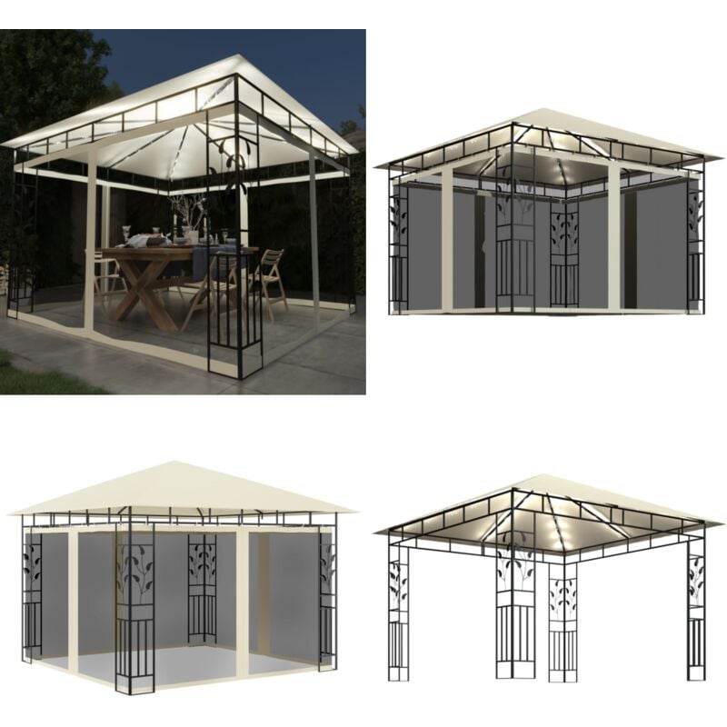 Vidaxl - Pavillon mit Moskitonetz & LED-Lichterkette 3x3x2,73m Cremeweiß - Pavillon - Gartenpavillon - Outdoorzelt - Sonnensegel - Sommergarten