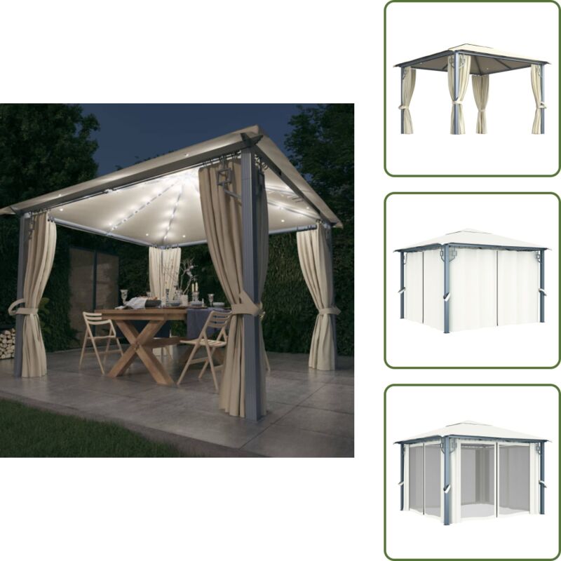 Vidaxl - Pavillon mit Vorhängen & LED-Lichterkette 300x300 cm Creme Alu - Pavillon - Gartenzelt - Sommergarten - Außenbereich - Beleuchtung