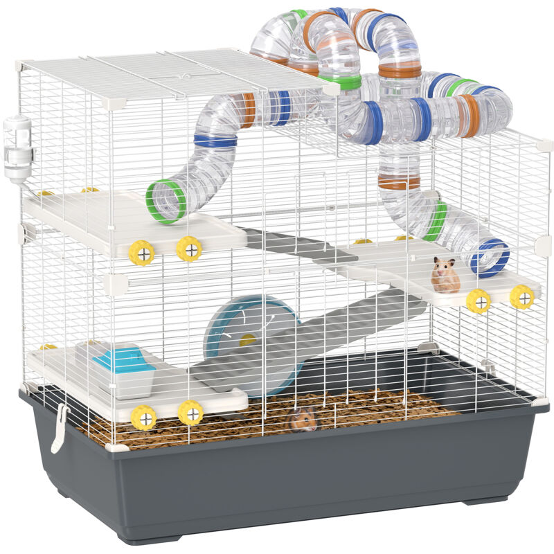 Pawhut - Hamsterkäfig 4 Etagen Nagerkäfig Kleintierkäfig mit Laufrad Futternapf Tunnel Hütte Obertür, Kleintierstall Käfig für Hamster Syrischer
