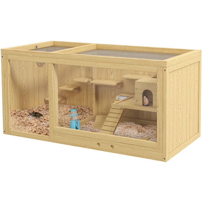 Hamsterkäfig aus Holz Nagerkäfig Kleintierkäfig mit klappbarem Deckel Schaukeln, Leitern Futternapf und Zubehör, Holzkäfig Käfig für Hamster