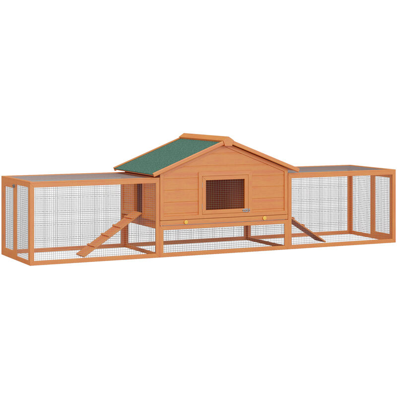 Kleintierstall Kaninchenstall mit 2 Freigehegen 2 Rampen Kleintierhaus Kleintierkäfig wetterbeständig Tannenholz Natur+Grün xxl 310 cm - Pawhut