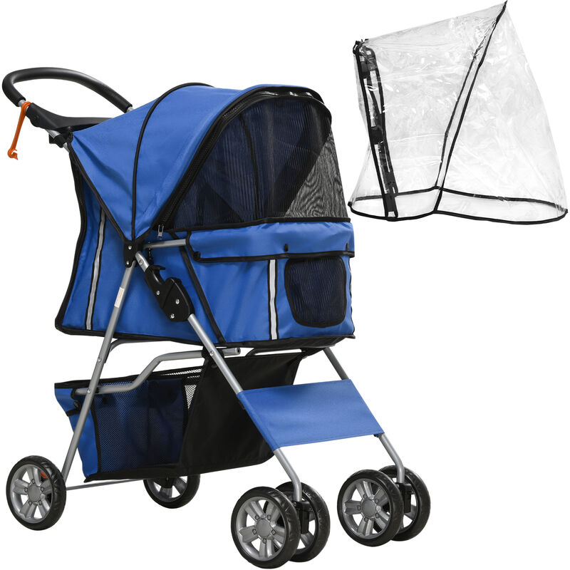 Hundebuggy, Hundewagen mit Regenverdeck, faltbarer Hundetrolley bis 10 kg, Katzenbuggy für kleine Hunde mit Becherhalter, Netzfenster, Katzenwagen,
