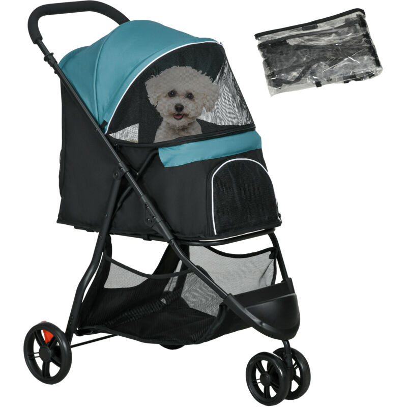 2 in 1 Hundewagen Hundebuggy mit Regenschutz klappbar für Hunde & Katzen bis 10 kg Katzenbuggy mit Kissen Netzfenstern Türen Aufbewahrungskorb