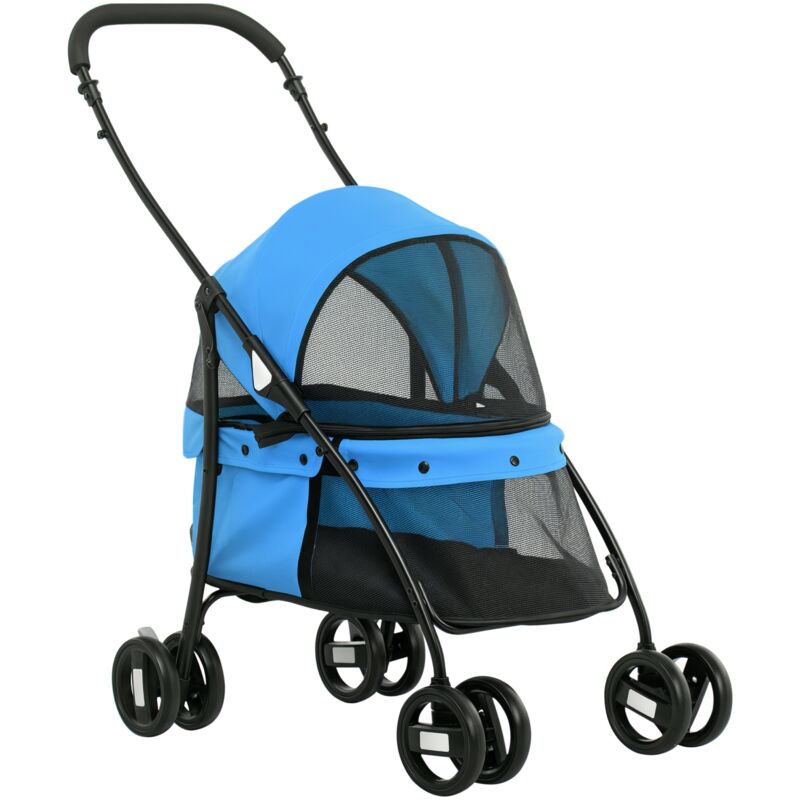 Hundebuggy Hundewagen mit Kissen Meshfenster, Klappbar Katzenwagen bis 10 kg mit 2 Sicherheitsleinen, Hundetrolley, Oxford-Gewebe, Blau - Pawhut