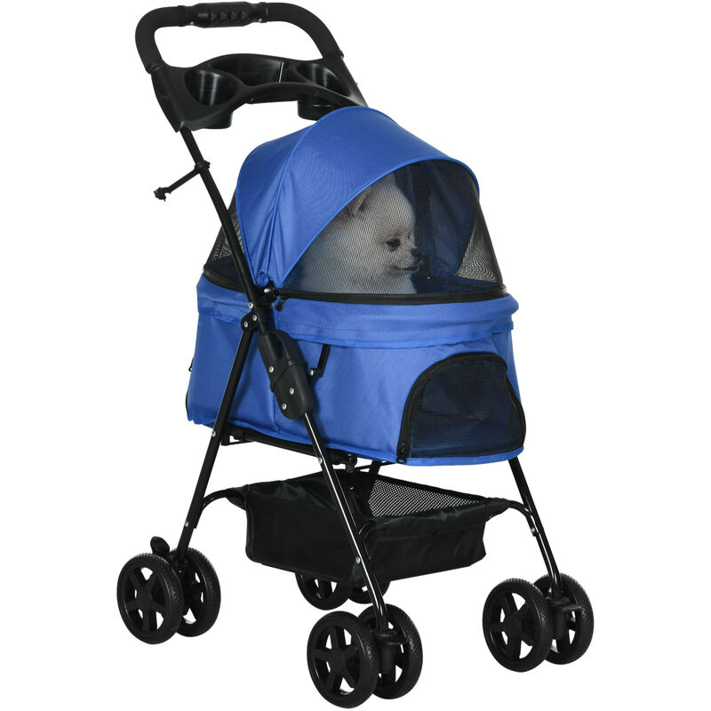 Hundewagen Hundebuggy mit Klappfunktion Pet Stroller für kleine Hunde und Katzen Haustierwagen Katzenbuggy Oxford Blau 67 x 45 x 96 cm - Pawhut