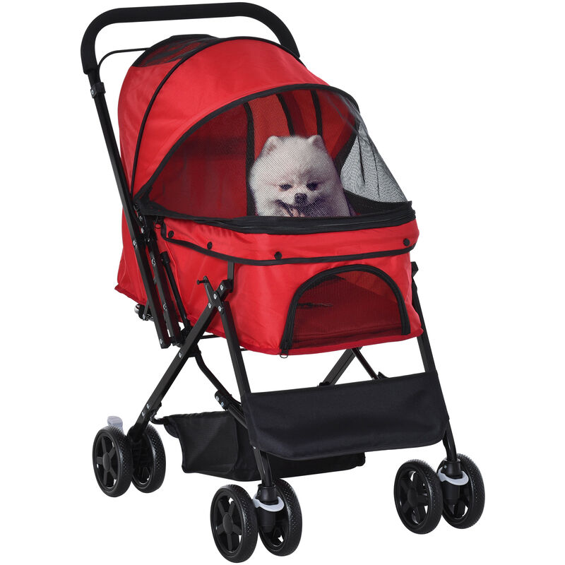 Hundebuggy Hundewagen Buggy für kleine Hunde und Katzen Haustierwagen Pet Stroller Katzenbuggy Oxford Rot 76,5 x 52 x 95 cm - Pawhut