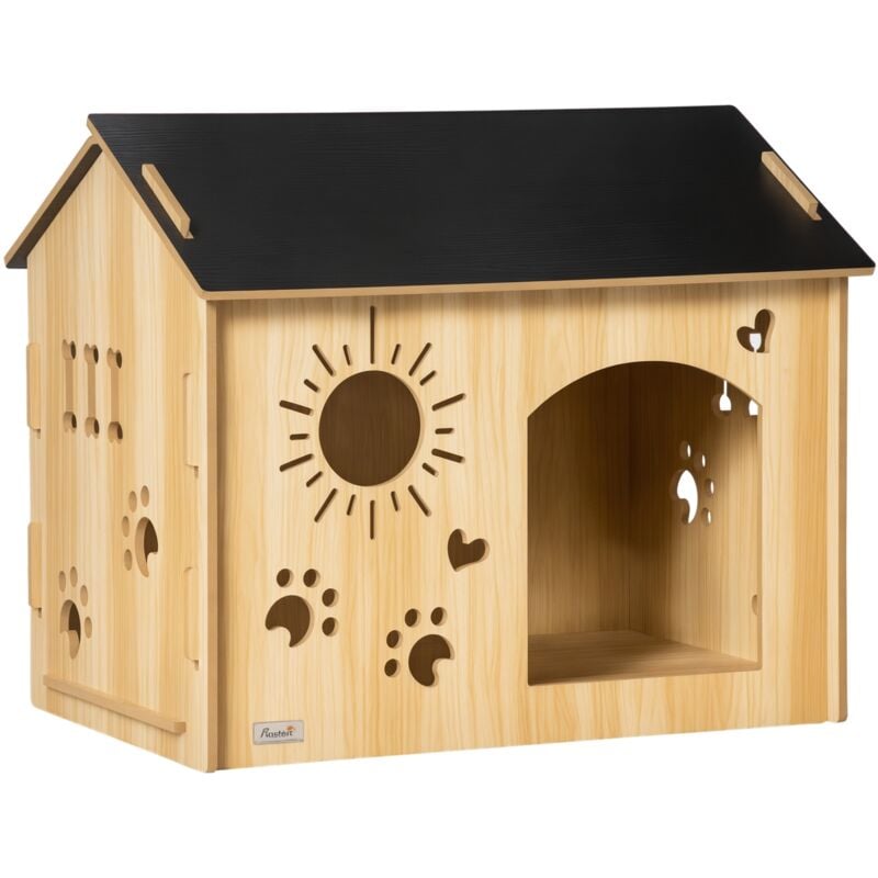 Pawhut - Hundehütte aus Holz Kleintierhaus mit Lüftungsöffnungen Hundehaus mit Dach Hundehöhle Indoor mdf Eiche+Schwarz 69 x 50 x 58,5 cm