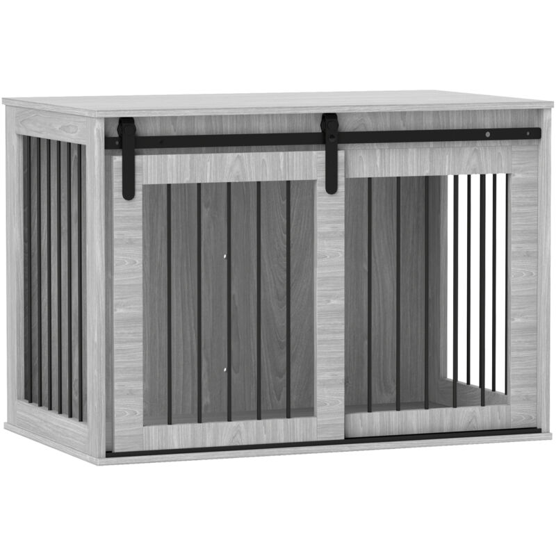 Hundekäfig für Zuhause, Abschließbar Hundehütte mit Eingang, Hundebox mit Schiebetür, Hundehaus für große Hunde unter 30 kg, Grau, 98 x 58 x 61 cm