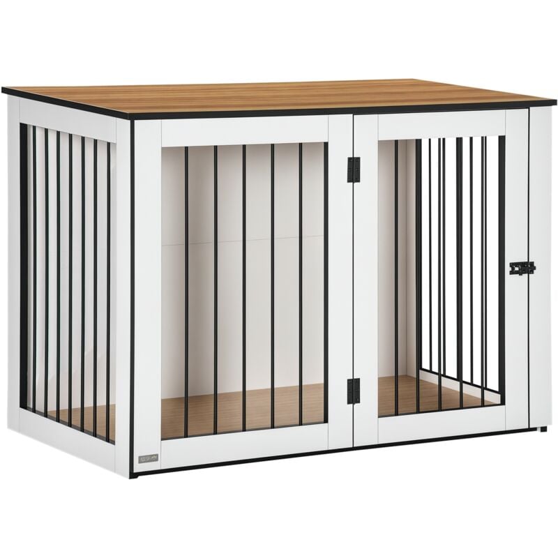 Hundekäfig Möbel mit Türen Fenster moderne Stahl Hundebox für Zuhause Indoor Hundehütte für große Hunde bis zu 30 kg Hundehaus 106 x 60 x 76 cm,