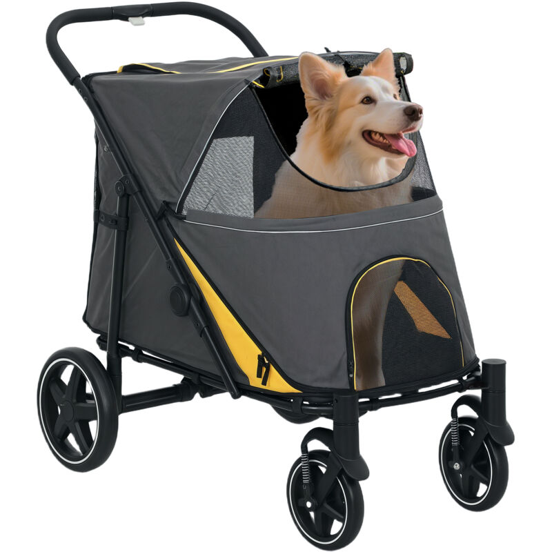 Hundewagen, Hundebuggy mit Kissen, faltbarer Hundetrolley, Katzenbuggy für große und mittelgroße Hunde, Hundetrolley mit Netzfenster,