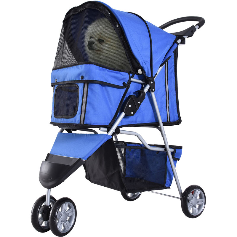 Hundewagen Hundebuggy klappbar für Hunde & Katzen Katzenbuggy mit Kissen Netzfenstern Getränkehalter Aufbewahrungstasche Katzenwagen Buggy Blau