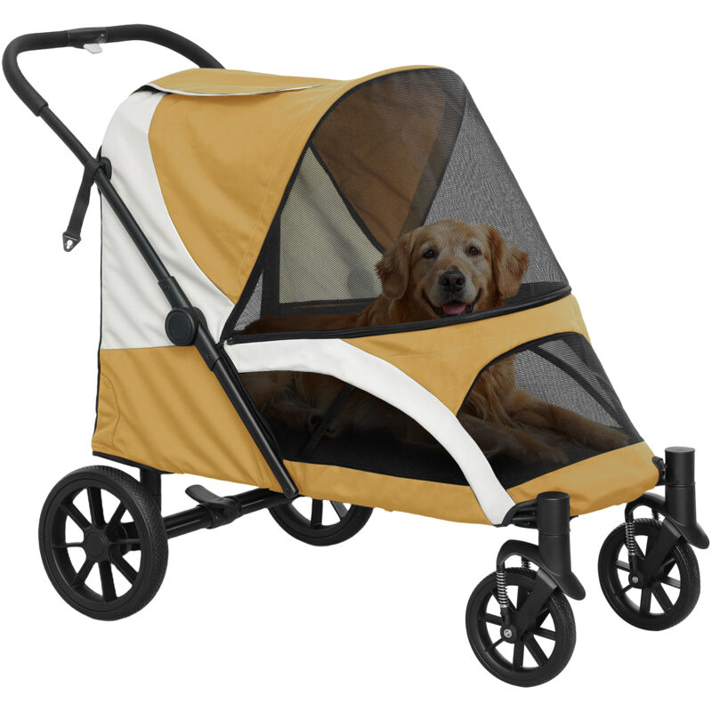 PawHut Hundewagen Hundebuggy klappbar für große Hunde & Katzen bis 30 kg Katzenbuggy mit Kissen Netzfenstern Türen Aufbewahrungstasche Katzenwagen