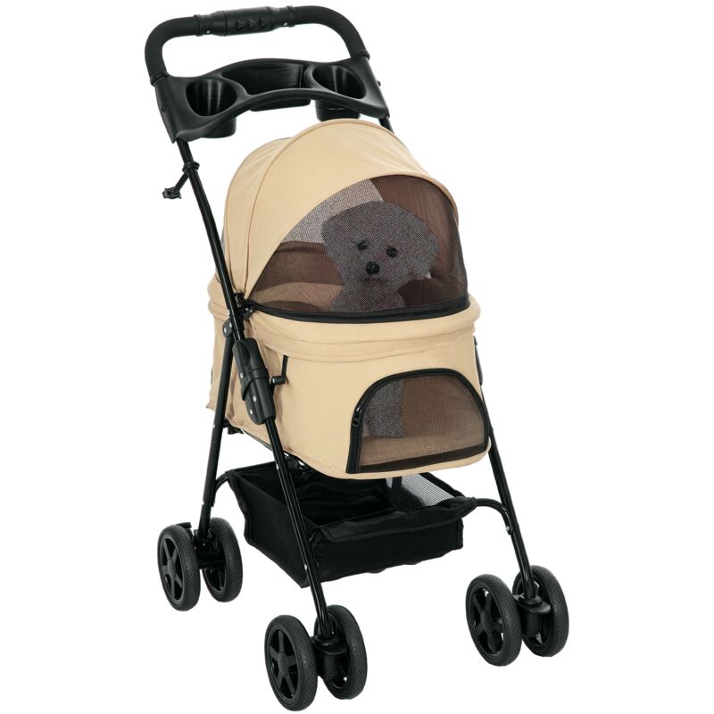 Hundewagen Hundebuggy mit Klappfunktion Pet Stroller für kleine Hunde und Katzen Haustierwagen Katzenbuggy Oxford Khaki 67 x 45 x 96 cm - Pawhut