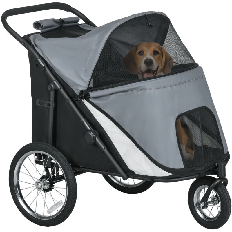 PawHut Hundewagen Hundebuggy mit Netzfenstern, Klappbarer Katzenwagen mit Sicherheitsleine, große Gummiräder für Mittelgroße, Große Hunde bis 30 kg,